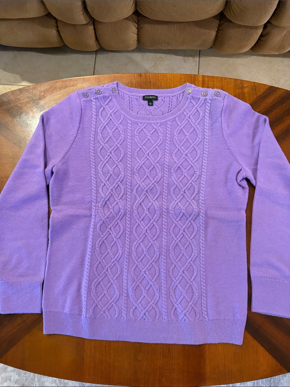 Talbots Women’s Winter Plum Cable-Knit Crewneck Sweater with Shoulder Buttons